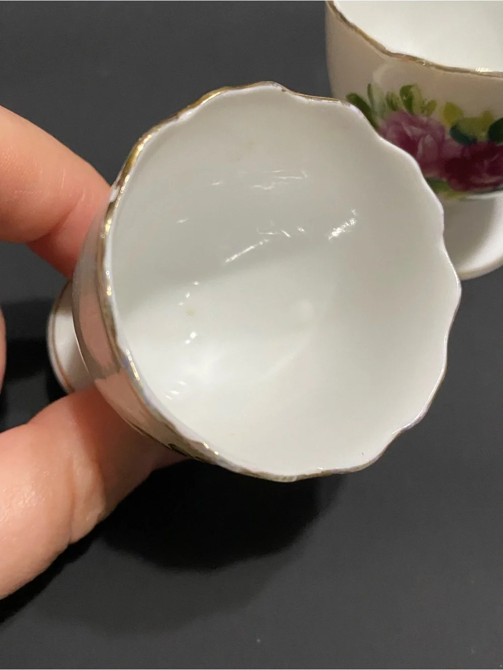 3 Vintage Egg Cups Porcelain white with Pink Roses Scalloped Gold Trim